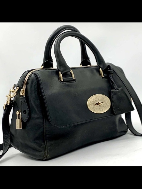 Mulberry Handbags - Mulberry Black Leather Satchel with Gold-Tone Plaque